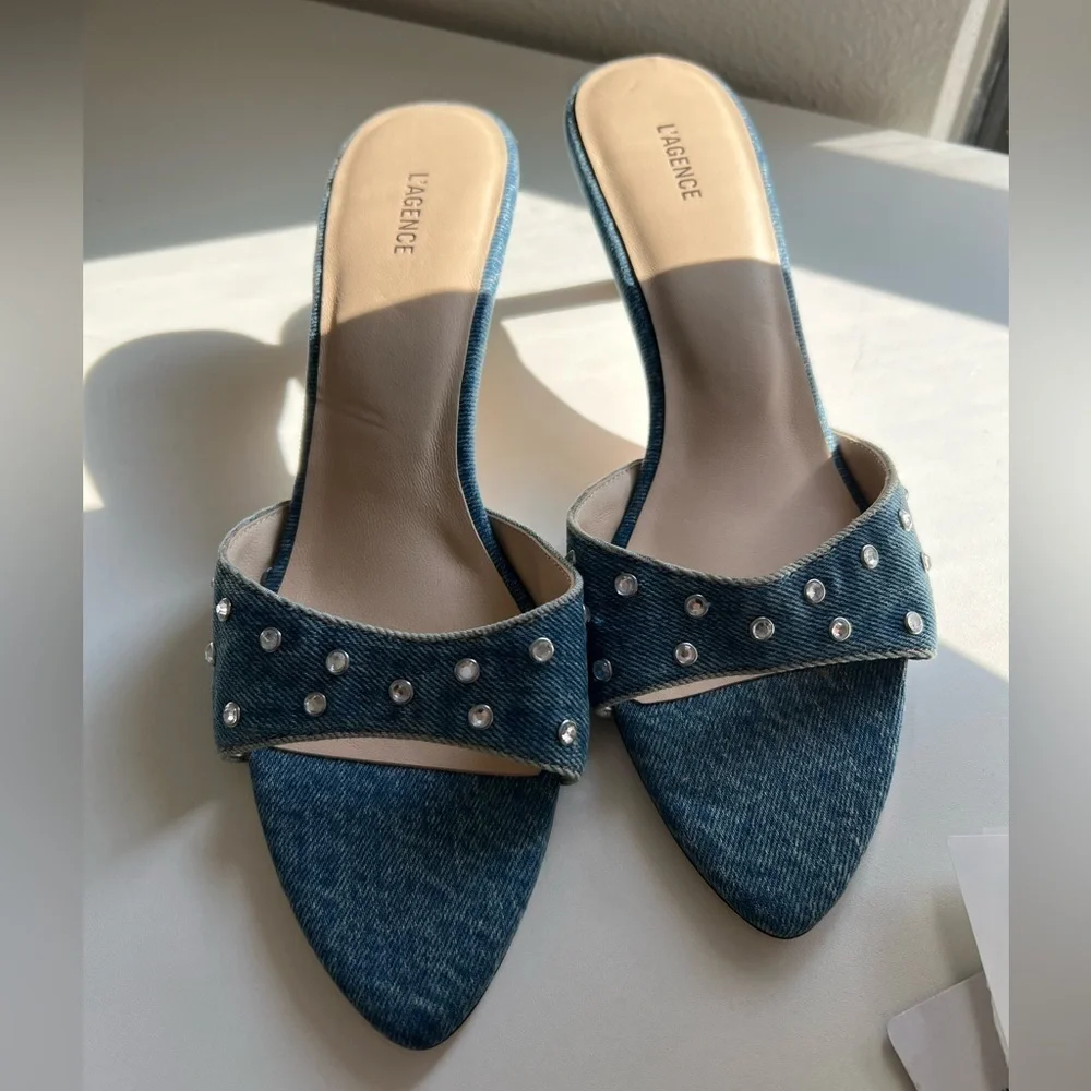 L’Agence Blue Denim Crystal Studded Mule Heels Size 9
